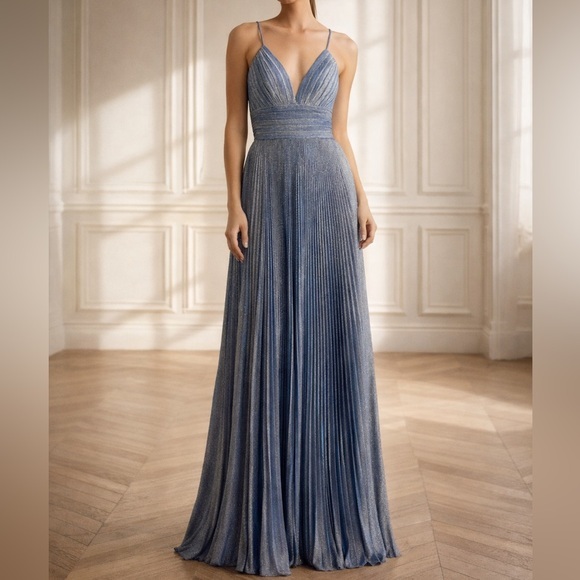 Mac Duggal Dresses & Skirts - Mac Duggal Pleated Metallic V-Neck Maxi Gown in Royal Silver